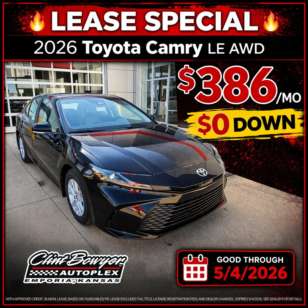 ClintBowyerAuto's tweet photo. You won't want to miss this great deal, going on now! 🏁
#LeaseSpecial #ToyotaCamry #ClintBowyerAutoplex https://t.co/NC655KpqcC