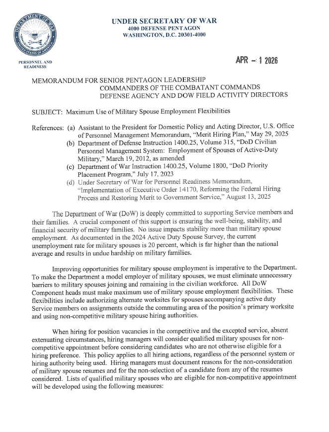 USW_PR_HONTata's tweet photo. Data shows that the unemployment rate for military spouses is ~20%, nearly 5x the national average.

Hiring military spouses is smart business and the right thing to do for our warriors & their families. That is why we have directed senior leaders throughout the @DeptofWar to begin maximizing the use of military spouse employment flexibilities. This immediate change will make it easier for talented military spouses to secure opportunities in the Department.

For example, up to this point, our DoWEA schools could not extend job offers to highly qualified spouses with teaching licenses until 30 days prior to their PCS move, creating economic insecurity for our military families and unnecessary vacancies in our schools. No more. Now, these talented men & women can apply and be hired upon receipt of official orders.

@SecWar @PeteHegseth & the @DoW_USW_PR team will continue to prioritize and invest in military spouse employment.