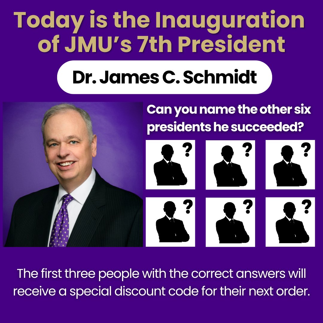 Today is the Inauguration of JMU’s 7th President, Jim Schmidt.   

Can you name the other six presidents he succeeded?   

The First three people with the correct answers will receive a special discount code for their next order.

#JMU #JMUDukes #JMUAlumni #JMUPresident