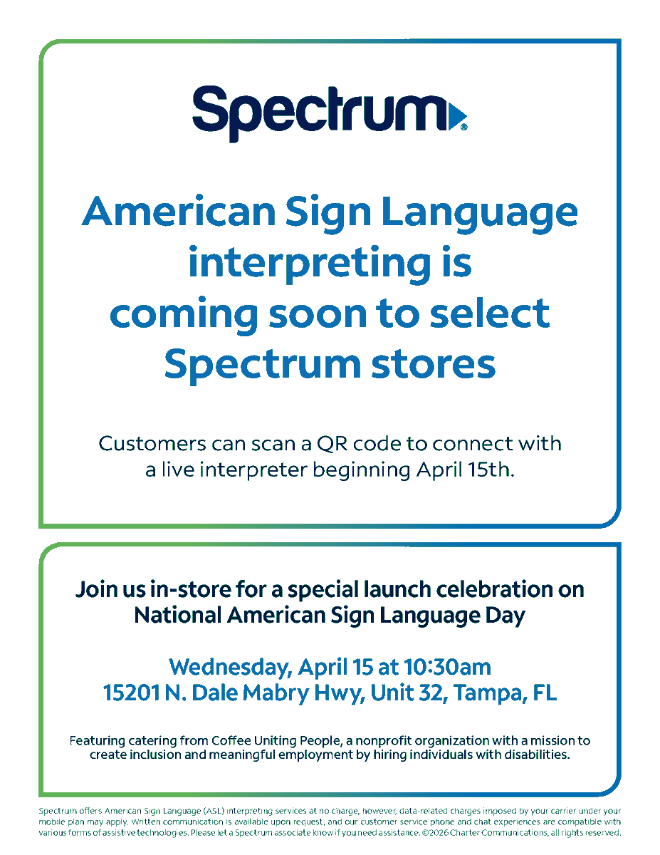 SpectrumA11y's tweet photo. Virtual American Sign Language is coming soon to select Spectrum stores in the Tampa, Orlando, and St. Petersburg areas. We're kicking things off on April 15th, National ASL Day, with a launch event in Tampa. Come try the service and see it in action! #WeAreSpectrum #ASL #Deaf https://t.co/4mOp6g9DnI