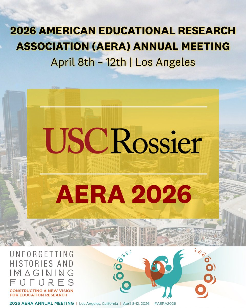 USCRossier's tweet image. More than 80 USC Rossier faculty, postdoctoral, and doctoral scholars are presenting at the 2026 AERA Annual Meeting, taking place April 8–12 in Los Angeles.

Explore the full list of presenters: bit.ly/4t3HDLY

#AERA2026 #USCRossier #EducationResearch