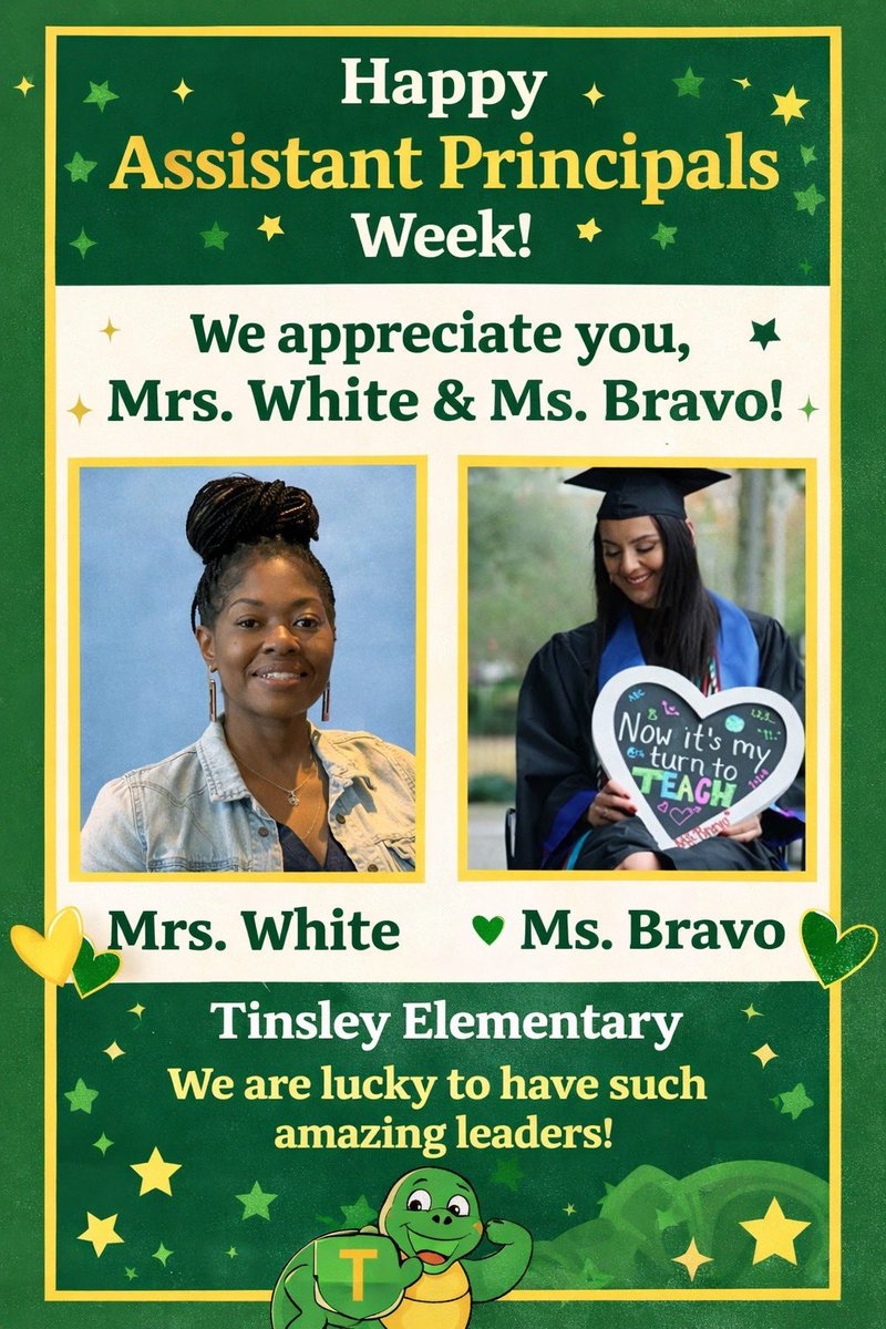 Tinsley_HISD's tweet photo. This week we celebrate two incredible leaders—Mrs. White & Ms. Bravo! 💚🐢💛
Their dedication, care, and leadership help our students, staff, and school community thrive every day. We’re so grateful for all they do behind the scenes to support our Tinsley Turtles!
#APWeek26 ✨ https://t.co/jxTrUfzMs6