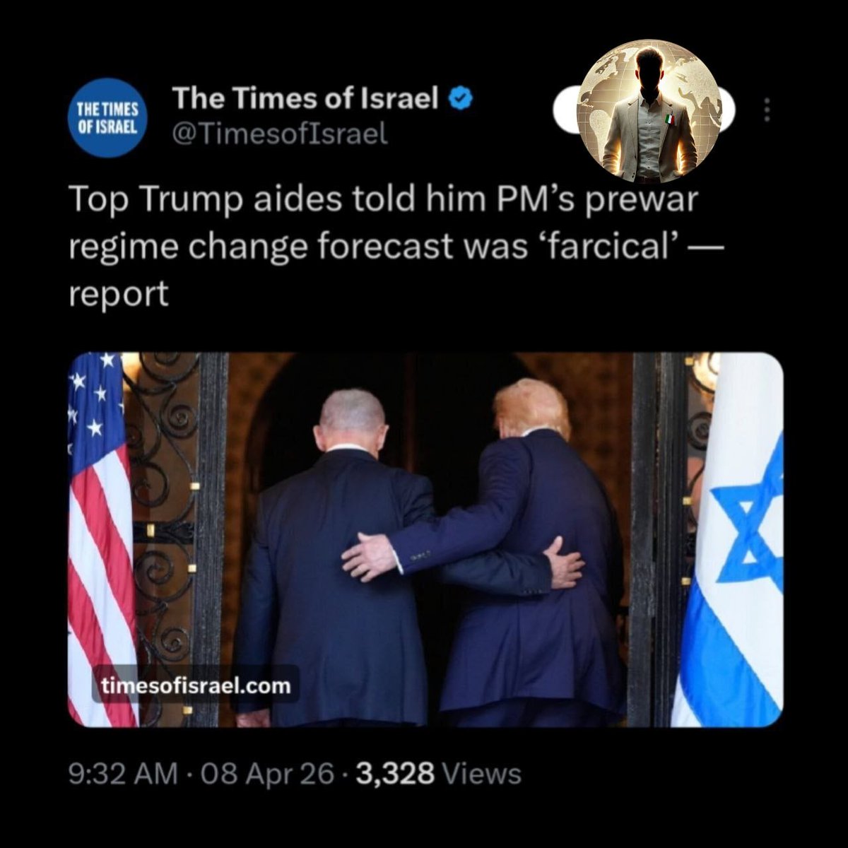LadyAfro17's tweet photo. 8 aprile 2026, USA - Iran 

STAFF TRUMP: "RIDICOLA" LA TESI DI NETANYAHU SUL CAMBIO REGIME IN IRAN

Times of Israel: i principali aiutanti di Trump gli hanno detto che la previsione pre-guerra di Netanyahu riguardo al cambio di regime in Iran era "ridicola".

#8aprile #9aprile #USA 
#Trump #Isrsel #Netanyahu 
#Medioriente #EurasiaNews 

https://t.co/nEtfbGC1RL