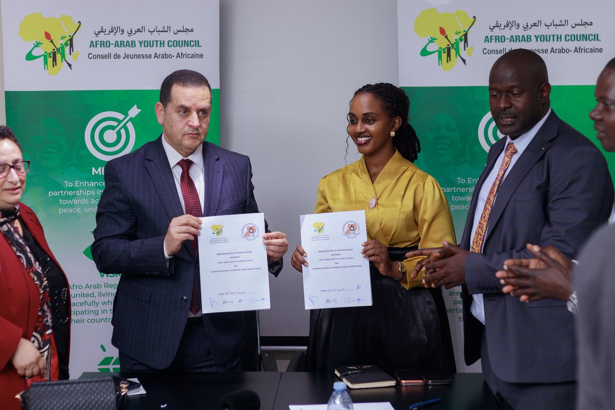 unsaugofficial's tweet photo. The @unsaugofficial today signed a Memorandum of Understanding with @Afroarabyouth.  We appreciate the Secretary General of AAYC Hon @AgabaAbbas1 and AAYC Leadership for the warm welcome and we appreciate HE @ShillahBlessed the UNSA President for being such a Visionary leader. https://t.co/qiwDJNh023