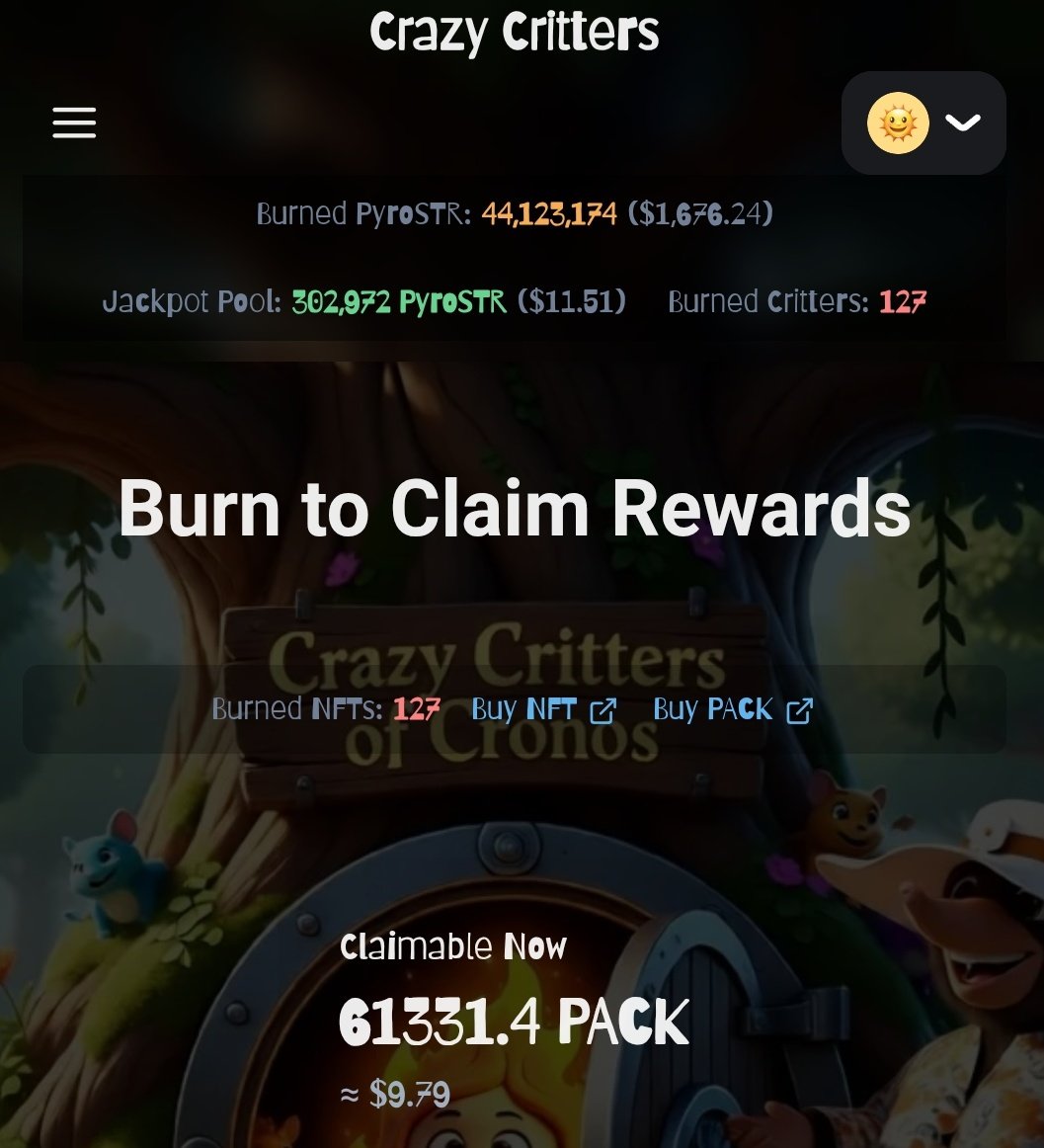 samurai_smart's tweet photo. Early Morning CT & CroFam!

The BurnIt ecosystem is still heating up like it won't stop, with the $PYROSTR jackpot mechanics and Crazy Critters NFT progress.

✅ Jackpot Contest Updates.

🔹️130+ Jackpots won by traders so far.
🔹️42 Million+ Pyrostr claimed by winners.
🔹️10M+ Jackpot drops sent to Holders.

Every 10$ triggers a Jackpot win chance. Winner gets matched with their win (doubled) for the first time and few more times later on.

The winner gets sent 75% of the Jackpot pool and the 1M+ pyrostr token holders gets airdropped the rest 25% of the pot.

Hold more to get bigger share!

The pool keeps growing with every #PyroSTR token swap as the 2.5% of total tax feeds the pot.

✅ CrazyCritters progress.

🔹️127 Critters NFTs are burned forever.
🔹️~100K $Pack claimed per each burned.
🔹️Makes the NFTs supply shrinking.
🔹️Holders royalties share increases.

The cache vault keeps dripping with 45K #PACK tokens everyday powered by their 24 months corporate vaults staking rewards at Wolfswap.

When a holder decides to burn their Critter, they claim all the pack accumulated in cache vault until then. And the drip restarts.

You can see how much $PyroSTR jackpot pool and how much $Pack in cache vault is accumulated in real time at the critters portal.

https://t.co/yotWg4mkIa

Join the vibrant community where you can keep track of your pyrostr token trades.
https://t.co/zfD1TnFl34

Follow @BurnItJuliemom and @1juliemom