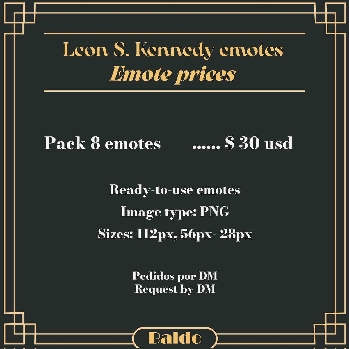 Baldo2210's tweet photo. ¡FOR SALE! Leon S. Kennedy emote pack.
#Emotes #OpenComission #Twitch #Residentevil https://t.co/np1631AirY