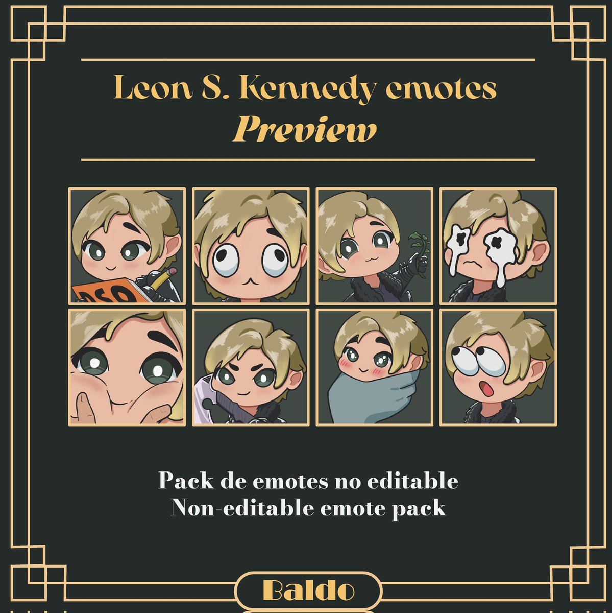 Baldo2210's tweet photo. ¡FOR SALE! Leon S. Kennedy emote pack.
#Emotes #OpenComission #Twitch #Residentevil https://t.co/np1631AirY