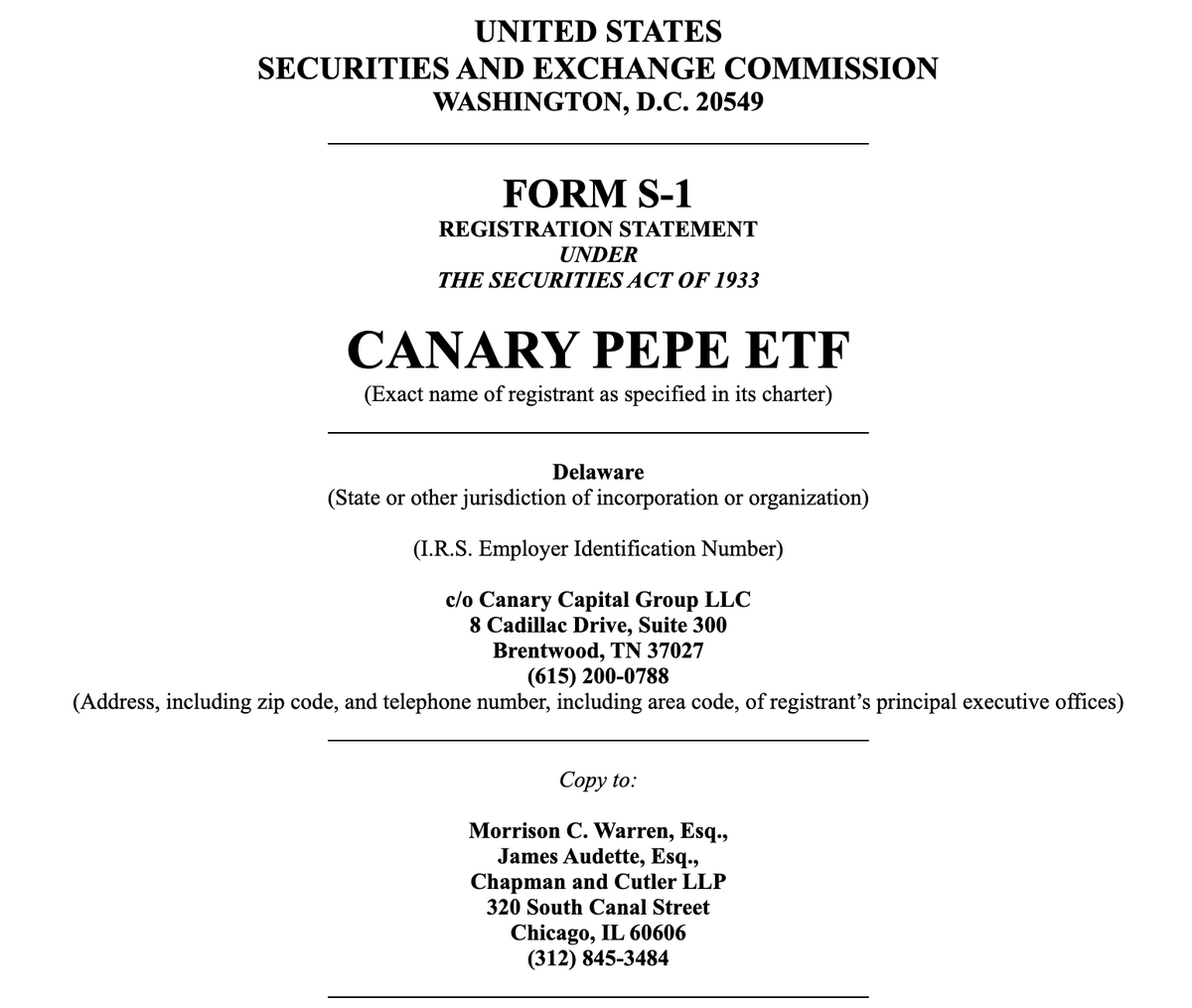 JUST IN: ⚡ Canary Capital has filed an S-1 registration statement with the SEC for a Pepe ETF.