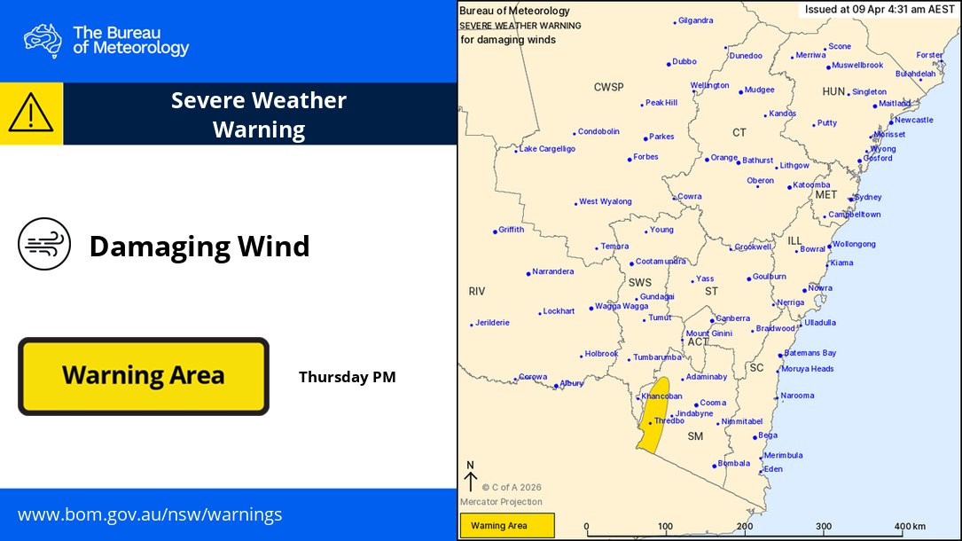⚠️Severe Weather Warning for damaging winds about the Snowy Mountains of #NSW.

North-westerly winds increasing later on Thursday, and gusting up to 100km/h.

Easing during Friday afternoon.

Latest warnings: ow.ly/JVhA50YFVyg
