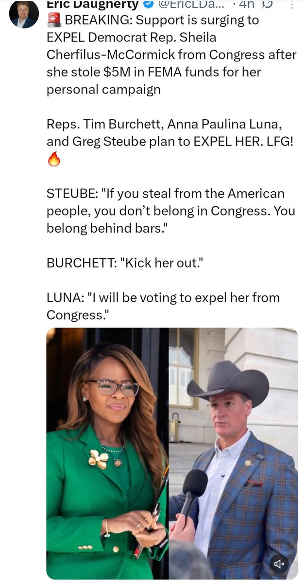 🚨🚨🚨TELL YOUR US HOUSE REP VOTE TO EXPEL DEMOCRAT US HOUSE REP SHEILA-CHERFILUS-MCCORMICK FOR STEALING $5million OF FEMA FUNDS, AND PROSECUTE HER. CALL YOUR US REP AT:
The US Capitol Switchboard (202) 224-3121