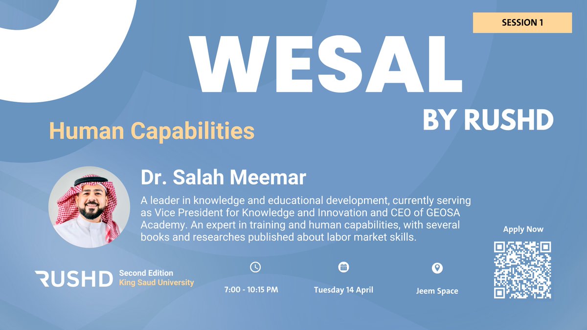 MeetRushd's tweet photo. Session 1 of Wesal by Rushd begins with a conversation on what truly sets you apart.

An insightful session on Human Capabilities by Dr. Salah Meemar exploring the growth needed to navigate today’s evolving world.

Apply to attended the session: https://t.co/itfQdLvG9J https://t.co/xDmRL800fO