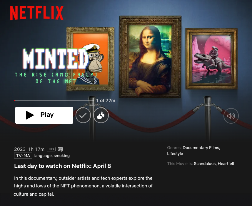 Nick_Bruckman's tweet photo. TODAY's the last day to watch our doc 'Minted: The Rise (and Fall?) of the NFT' on Netflix worldwide.
Directing it was among the most creatively fulfilling things I've ever done. Grateful to everyone who watched &amp; shared.
(icymi – stays available to rent on Apple TV and Amazon!) https://t.co/2cPc6tiVjg