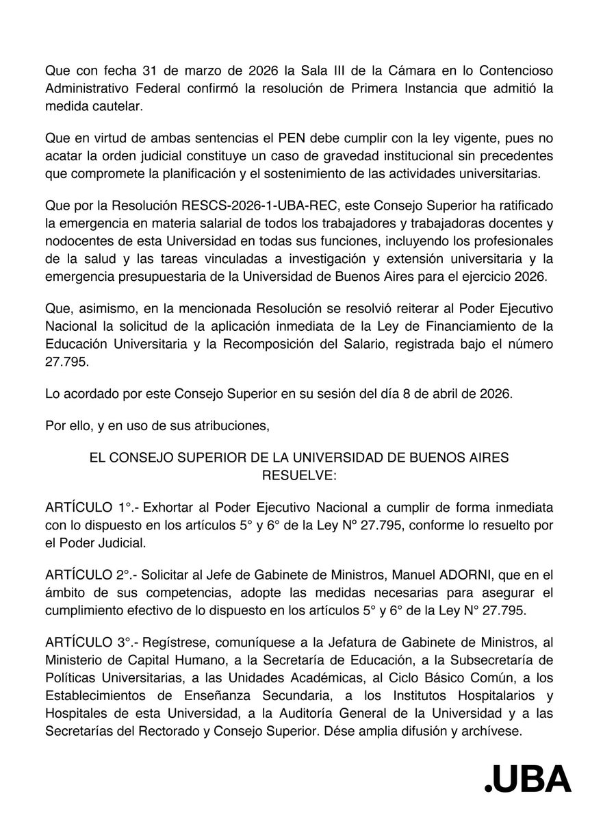 UBAonline's tweet photo. Frente al contexto de emergencia salarial y presupuestaria de las universidades nacionales, exigimos al jefe de Gabinete, Manuel Adorni, la ejecución inmediata de la Ley de Financiamiento Universitario. https://t.co/FbWiPW76Lz