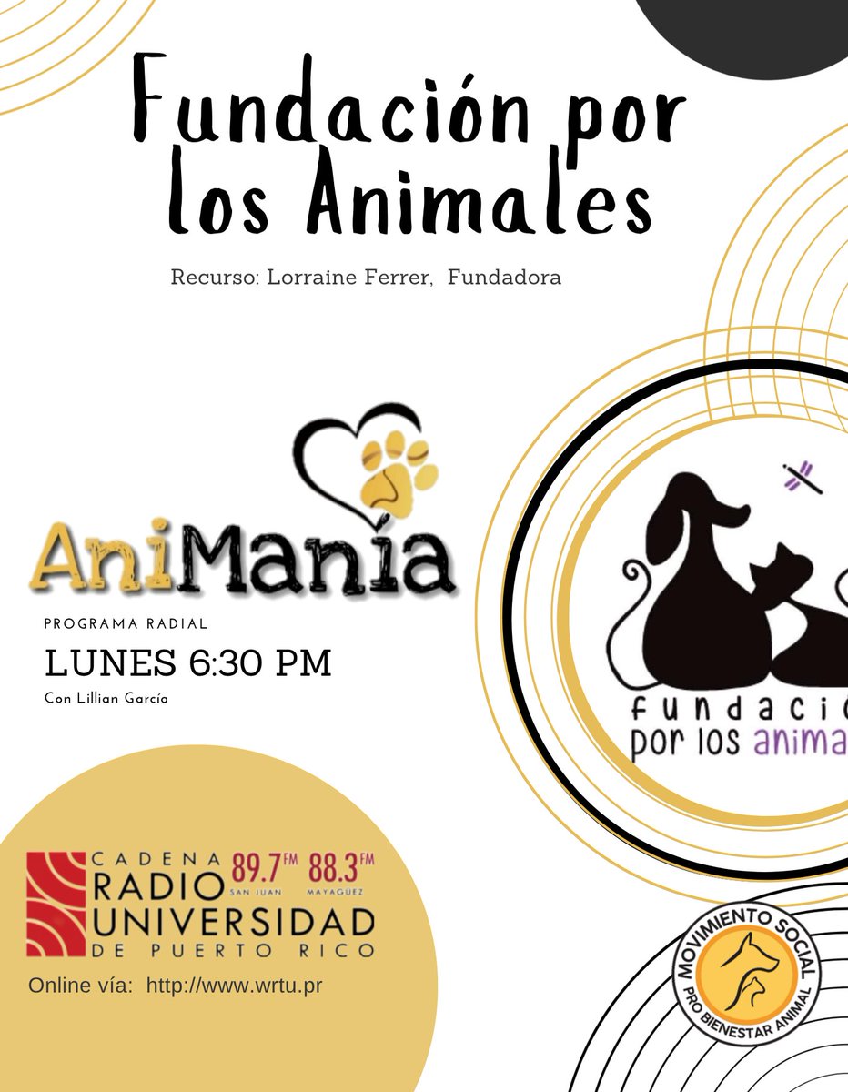 𝐀𝐧𝐢𝐌𝐚𝐧𝐢𝐚  Lunes 6:30 p.m. 
<a href="/radioupr/">Cadena Radio Universidad de Puerto Rico</a> 
Tema: Fundación Por los Animales 
Recursos: Lorraine Ferrer, Fundadora 
Escúchanos por:
89.7 FM en San Juan.
88.3 FM en Mayagüez.
Y por wrtu.pr
#RadioUPR #AniMania #MOSPBA #BienestarAnimal #Podcast