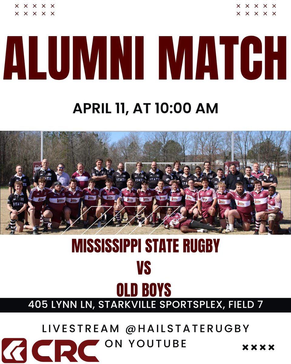 Alumni Match – April 11 10:00 AM

 Mississippi State Rugby
vs Old Boys who stretched once in 2017 &amp; think that counts

Starkville Sportsplex – Field 7
Livestream: <a href="/HailStateRugby/">Mississippi State Rugby</a> on YouTube

Ice, ibuprofen, &amp; excuses start at halftime.