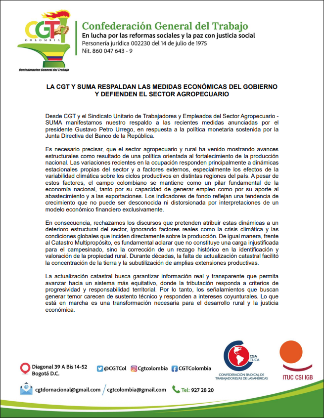 CGTCol's tweet photo. La Confederación General del Trabajo de Colombia y SUMA respaldan las medidas del Gobierno del presidente @petrogustavo para reactivar la economía y defender el campo 🌱

El agro sigue siendo pilar del país. Menos especulación financiera y más apoyo a la producción, el empleo y el bienestar de los colombianos.