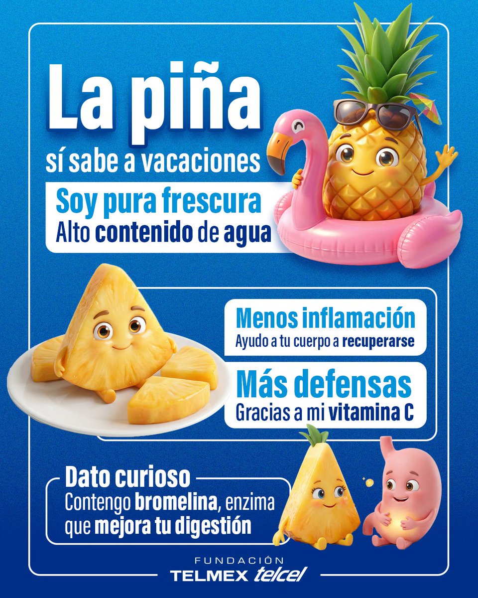 fundaciontelmex's tweet image. Se antoja… y con este calor más 😮‍🔥🍍  

La piña es fresca, ligera y tiene más beneficios de los que parece.  

👉Si te gusta, esto te interesa 

 💬 ¿La comes seguido o solo en vacaciones? 
 #Piña #Vacaciones #Fruta #Salud #Bienestar