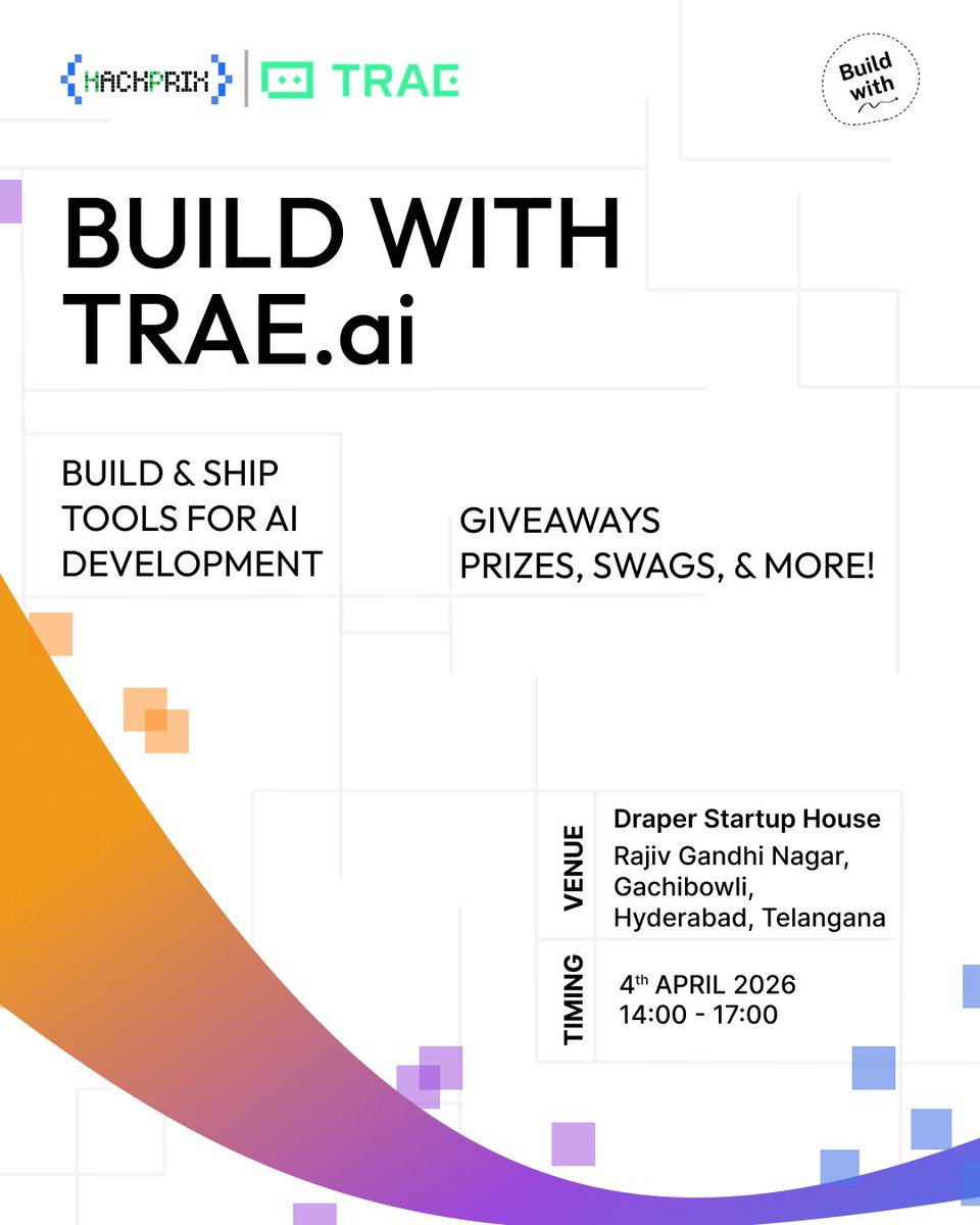 hackprix's tweet photo. 🚀 Build With Trae x HackPrix: Hyderabad Edition!

Join us for an exclusive meetup to master AI-driven development and ship real-world products with @trae_ai.

📅 4th April 2025 | ⏰ 2:00 PM
📍 Draper Startup House
Registrations opening soon (Link in bio) 🔗

#BuildWithTrae https://t.co/D9tkjUQZTn