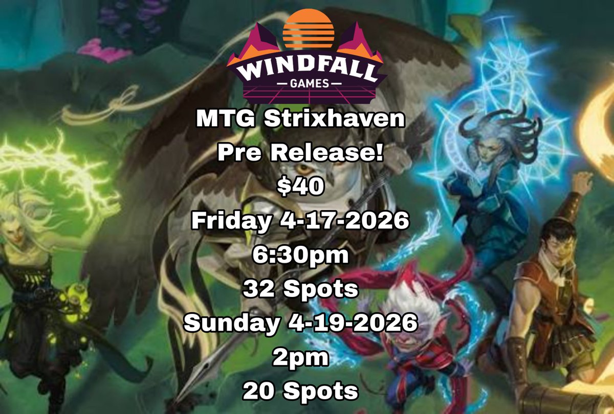 Hey all, reminder that we'll be having pre release next week! Come in and register, every participant will receive 2 additional packs at the end of the event!
#strixhaven #mtg