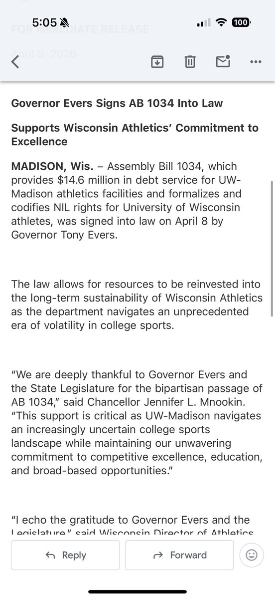 TheRealNickOsen's tweet photo. Via  Wisconsin Athletics: “Governor Evers Signs AB 1034 Into Law 

Supports Wisconsin Athletics’ Commitment to Excellence” https://t.co/mCZKs0VjgL