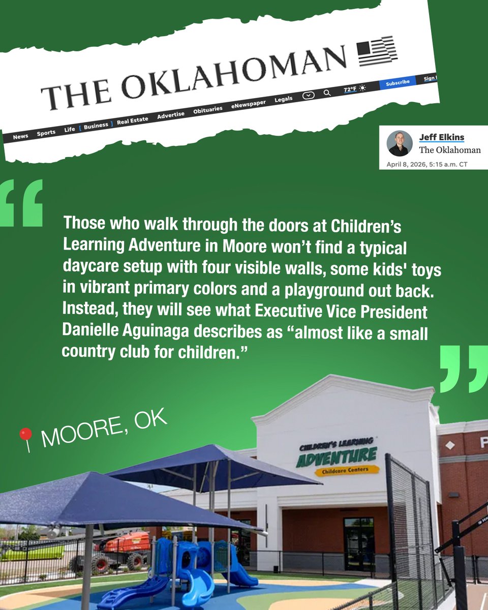 CLAChildCare's tweet photo. Moore, we made the news. @TheOklahoman just featured our new location on 19th Street — 10 days until grand opening and the hype is real. Read the full article here: https://t.co/Z8Ekxv7RYT
Grand opening: April 18, 10 a.m. to 3 p.m. Come see it for yourself. 📍 Moore, OK | 1-877-797-1417