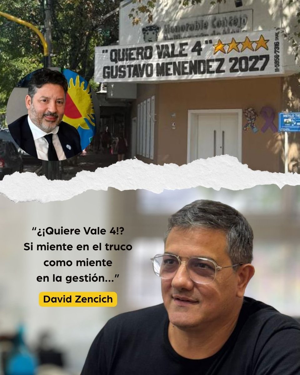 DavidZencich's tweet photo. Quiere jugar un “Vale 4” después de mentir 11 años seguidos. Al Intendente @gustavomenendez se le olvida que en el truco, cuando te agarran mintiendo, te vas al mazo 😉

Merlo ya se dió cuenta y tenes las peores cartas: no hay seguridad, salud ni gestión. https://t.co/B4AYWTLGt0