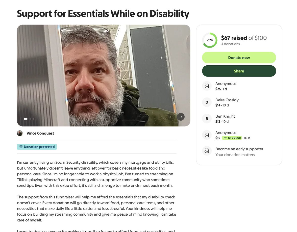 newsCUMonSOL's tweet photo. This is Vince

Vince is currently struggling to feed himself and his family, he is currently on disability and has turned to playing minecraft on tiktok to earn income, which he said is still not enough

In two weeks, vince's go fund me has raised $67, which is clearly not enough to cover his living expenses

He's live on TikTok right now, let's go and recruit him, CHNAGE HIS LIFE

This is basically Minecraft Grandma 2

Go fund me: https://t.co/Irx2dSxmj0

TikTokLive: https://t.co/2XsNRi3uhJ