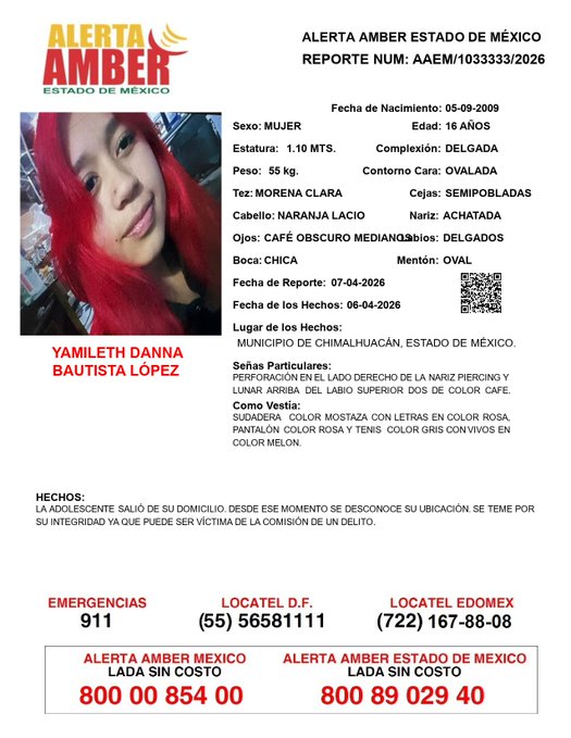 canal6tv's tweet photo. 🆘🔍 D€sapareció en el municipio de  #Chimalhuacán , #EdoMéx.

Piden el apoyo para localizar a Yamileth Danna Bautista López quien fue vista por última vez el día 6 de abril del 2026. 🚨👤

#Comunidad #Ayuda #NoLocalizada #Inseguridad #Búsqueda #VolverACasa https://t.co/Al5D9zuFjT