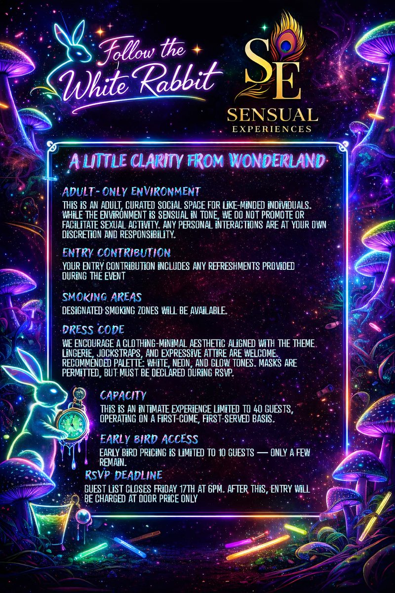 SensualExp_tt's tweet photo. Not all who wander are lost…
But in Wonderland, clarity matters.
An intimate, adults-only experience grounded in consent, discretion, and curated connection.
Don't be late.... The white rabbit awaits🐇 https://t.co/JdTvDmbNPj