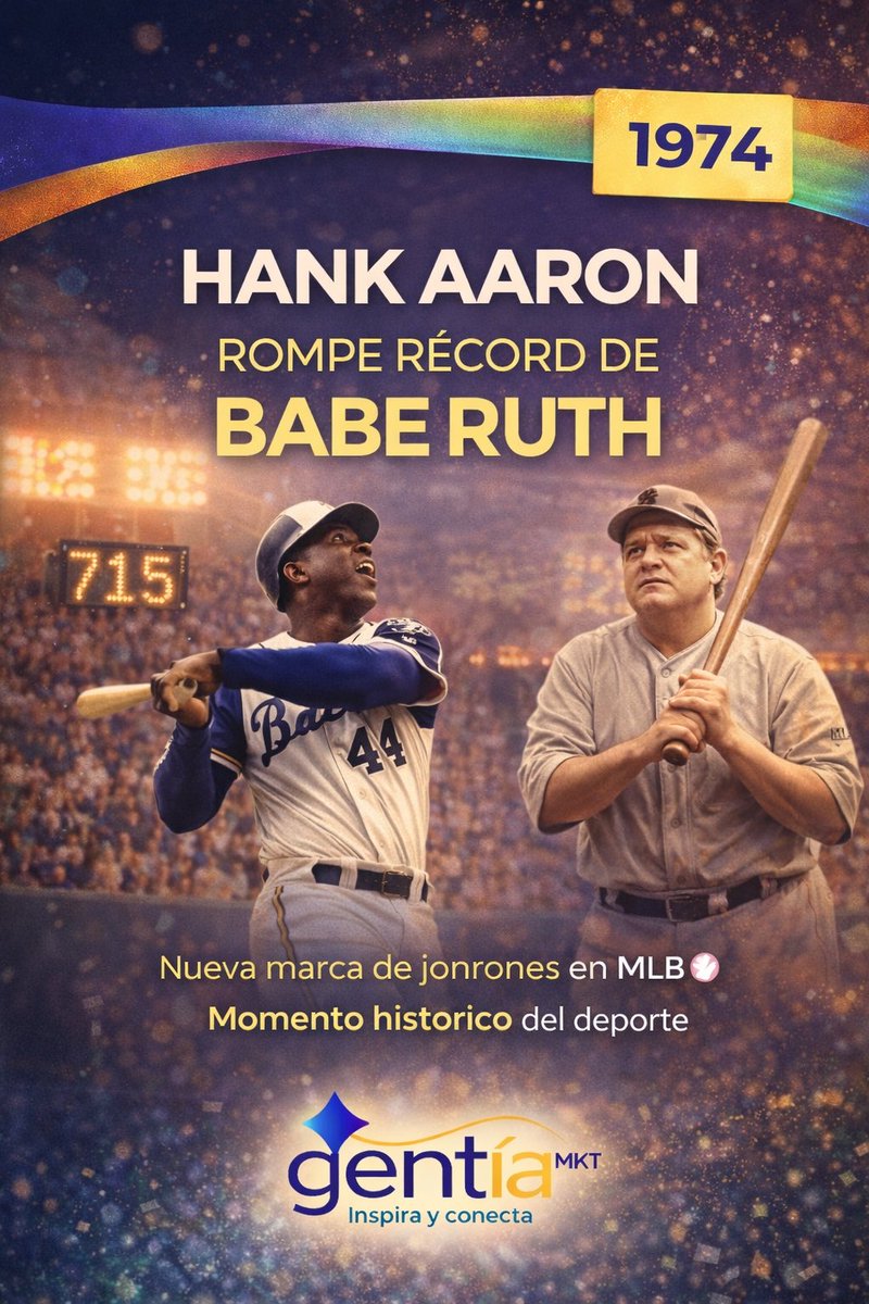 Gentiamkt1's tweet image. ⚾ 1974 – Hank Aaron rompe récord de Babe Ruth

Romper récords no es suerte… es historia en movimiento.
715 jonrones que cambiaron el juego para siempre. 🔥
#HankAaron #MLB #HistoriaDelDeporte