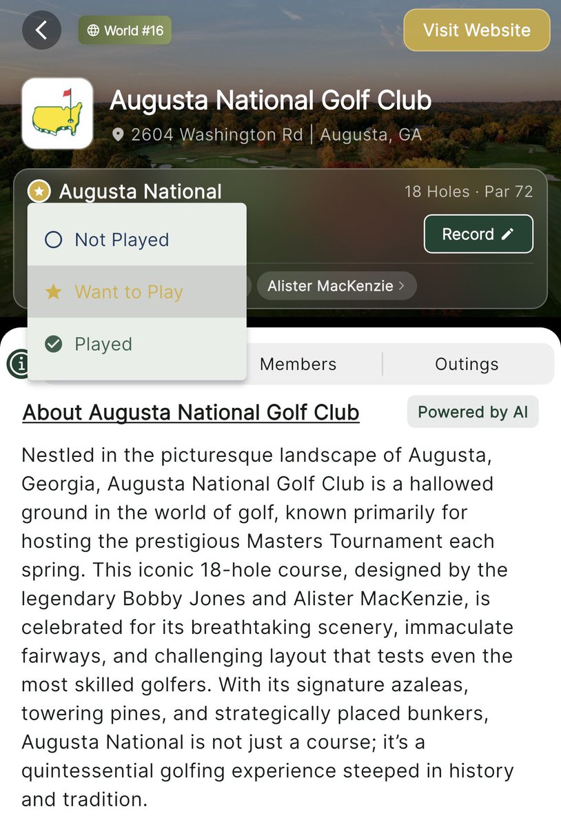 acwints's tweet photo. Safe to say Augusta is on my bucket list. ⛳️

Loving this new feature on Bantee to track my course hit list and the best courses I’ve played. 📝 https://t.co/dx8tYABeZ3
