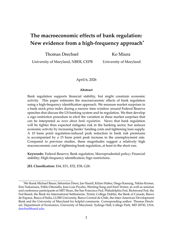 int_mon_econ's tweet photo. Super interesting food for thought!

"The macroeconomic effects of bank regulation: New evidence from a high-frequency approach" by Thomas Drechsel and Ko Miura.

"Bank regulation supports financial stability, but might constrain economic activity. This paper estimates the macroeconomic effects of bank regulation using a high-frequency identification approach. We measure market surprises in a bank stock price index during a narrow time window around Federal Reserve speeches that discuss the US banking system and its regulation. We then develop a sign restriction procedure to elicit the variation in these market surprises that can be interpreted as news about bank regulation. News that bank regulation will be tighter than expected mitigates risk in the banking sector, but reduces economic activity by increasing banks’ funding costs and tightening loan supply. A 10 basis point regulation-induced peak reduction in bank risk premiums is accompanied by a 15 basis point peak increase in the unemployment rate. Compared to previous studies, these magnitudes suggest a relatively high macroeconomic cost of tightening bank regulation, at least in the short run."

https://t.co/FyzLgs1MDK