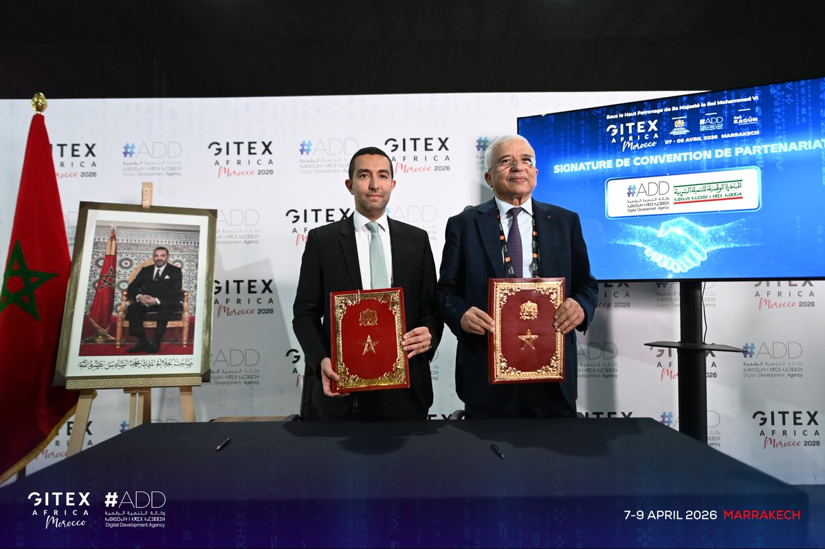 ADD_MAROC's tweet photo. En marge du GITEX AFRICA Morocco, M. Mohammed Dardouri, Wali et Coordonnateur National de l’INDH, et M. Amine El Mezouaghi, Directeur Général de l’ADD, ont procédé à la signature d’une convention de partenariat, consacrant une ambition commune en faveur de l’accélération de la transformation digitale.

Ce partenariat structurant vise à impulser une nouvelle dynamique autour du déploiement de services numériques mutualisés, du renforcement des compétences, de l’accompagnement des TPME, ainsi que du soutien à l’innovation et à l’entrepreneuriat digital.

À travers cette initiative, les deux institutions réaffirment leur engagement en faveur d’un développement inclusif, au service des territoires et des citoyens.

@Ministere_TNRA
@AmalElfallah
#Amine_ElMezouaghi
@TrixieMirmand
@GITEXAfrica

#GITEX #GITEXAFRICA #GAM26