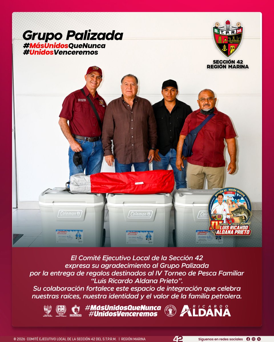 Seccion42_STPRM's tweet photo. Nuestro líder Luis Gerardo Pérez Sánchez expresa su más sincero agradecimiento al Grupo Puebla, Grupo Mérida, Grupo Palizada y al ex‑trabajador jubilado Santiago Mar Domínguez por su valiosa entrega de regalos destinados al IV Torneo de Pesca Familiar “Luis Ricardo Aldana Prieto”.

Su participación reafirma el espíritu solidario que distingue a nuestra gran familia petrolera y fortalece este espacio de convivencia que celebra nuestras tradiciones, nuestra identidad y la unión entre generaciones.

A nombre de la Sección 42, nuestro líder Luis Gerardo Pérez Sánchez, reconoce profundamente su disposición y apoyo, que contribuyen a engrandecer un evento que pertenece a todas y todos los trabajadores.

Gracias por sumar, por creer y por seguir construyendo juntos momentos que fortalecen el orgullo y la unidad de la gran #FamiliaPetroleraSección42.

#SomosSTPRM 
#MásUnidosQueNunca 
#UnidosVenceremos
@lgps03101
@MarcoAzuara1