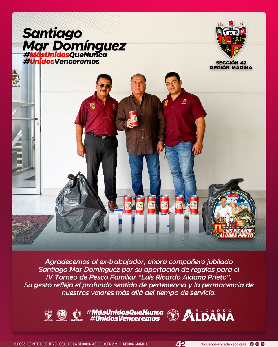 Nuestro líder Luis Gerardo Pérez Sánchez expresa su más sincero agradecimiento al Grupo Puebla, Grupo Mérida, Grupo Palizada y al ex‑trabajador jubilado Santiago Mar Domínguez por su valiosa entrega de regalos destinados al IV Torneo de Pesca Familiar “Luis Ricardo Aldana