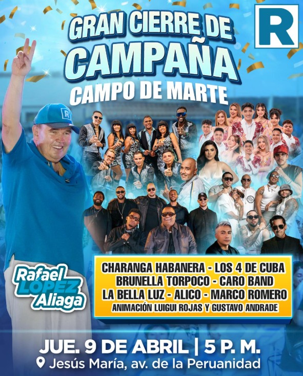 CalderonPasache's tweet photo. El cierre de campaña de Rafael López Aliaga es el festival de la salsa. Anuncian a Brunella Torpoco, la Charanga Habanera, Caro Band, Los 4 de Cuba y etc. https://t.co/dB3obkfVkE