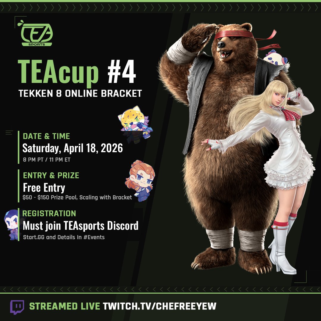 TEAsportsGG's tweet photo. 🍵 TEAcup Monthly #4

Our free entry online Tekken 8 bracket is back! Tell a friend, sign up, and throw it down with our crew!

🗓️ Saturday Apr. 18 @ 8pm PT // 11pm ET
💰 $50-$150 scaling prize pool (based on entries)
🥊 Hands? Throwin' em.

Sign up and Discord link in reply ⤵️ https://t.co/3hPBTkALQV