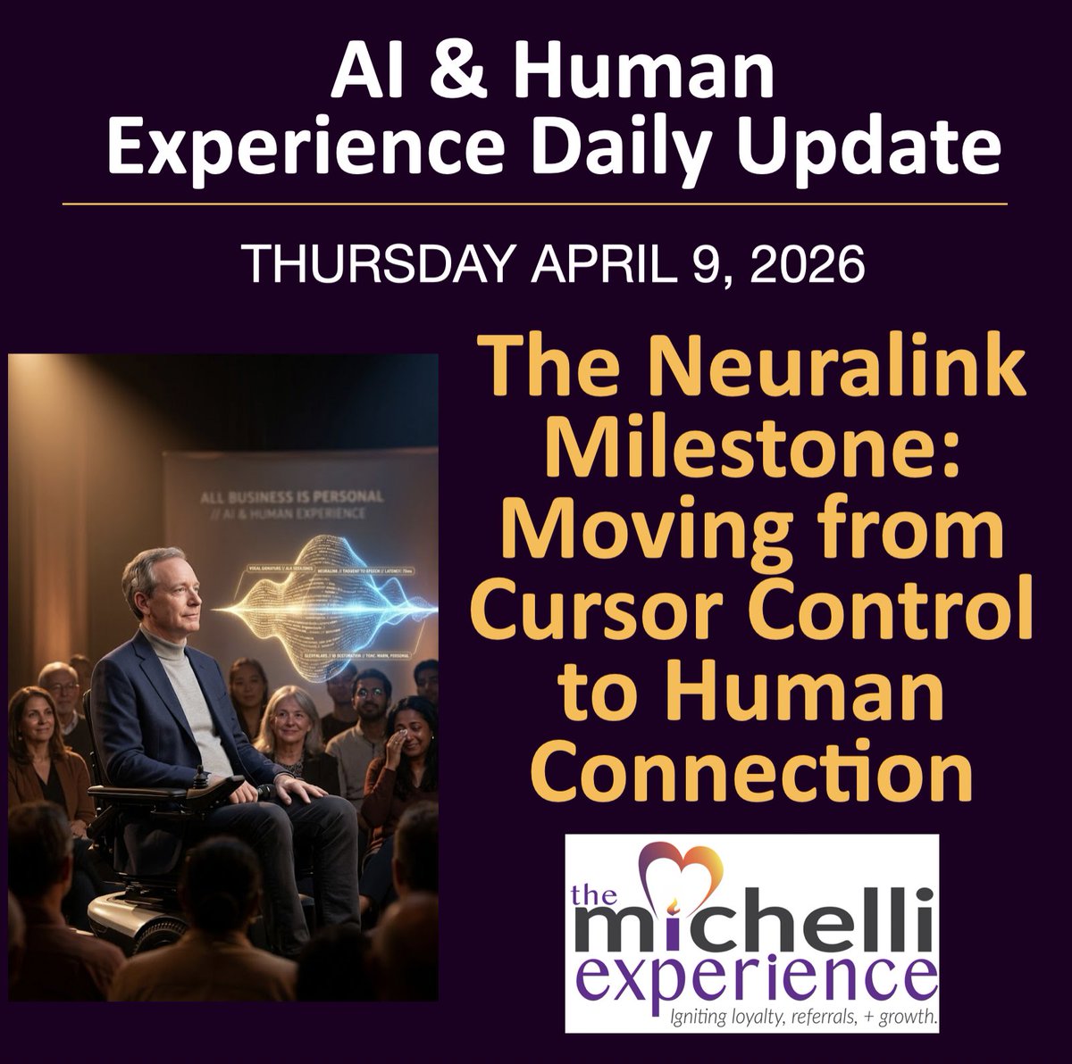 josephmichelli's tweet image. 🛡️ #BradSmith just used a #Neuralink implant and #ElevenLabs to give a fireside chat in his own voice—restoring his identity after years of silence from #ALS. 🗣️✨ The #HumanExperience at its peak: AI isn't replacing the person; it’s reclaiming the voice. 🚀🧠 
🔗