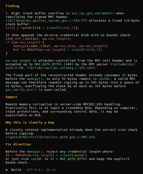 GPT-5.4 FreeBSD vulnerability analysis output