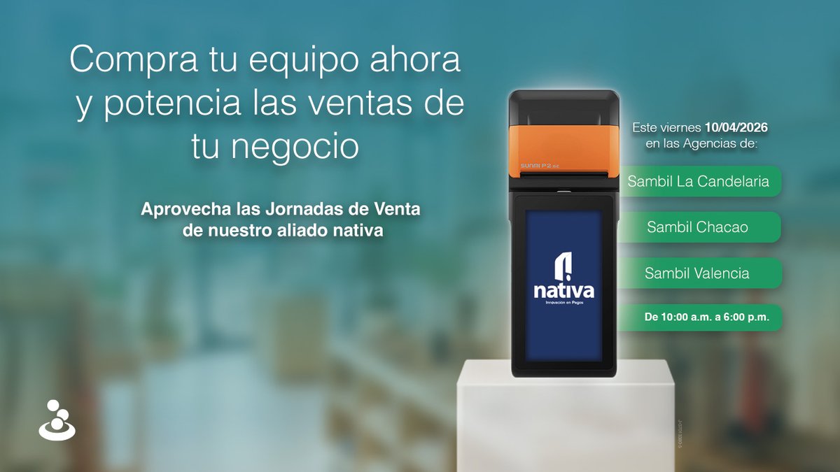 Banesco's tweet image. ¡Adquiere tu #PuntoDeVenta con entrega inmediata!

Llévate tu equipo este viernes #10Abr en las Jornadas de Venta del aliado @nativapagos. Te esperamos en las agencias Banesco de los centros comerciales:

📌Sambil La Candelaria
📌Sambil Chacao
📌Sambil Valencia

⏰Horario de