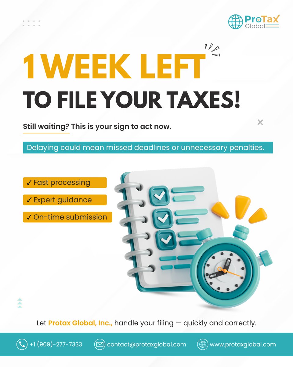 ProtaxGlobal's tweet photo. ⏰ FINAL WEEK for tax filing!

Still waiting? That delay could cost you 💸
File now with experts &amp; avoid penalties.

✔️ Fast
✔️ Accurate
✔️ Reliable

👉 https://t.co/8xWVu5DJ8e

#TaxSeason2026 #FileOnTime #TaxTips #TaxExperts #FinancialPlanning #SmallBusiness #IncomeTax https://t.co/TCLjFYaGZw