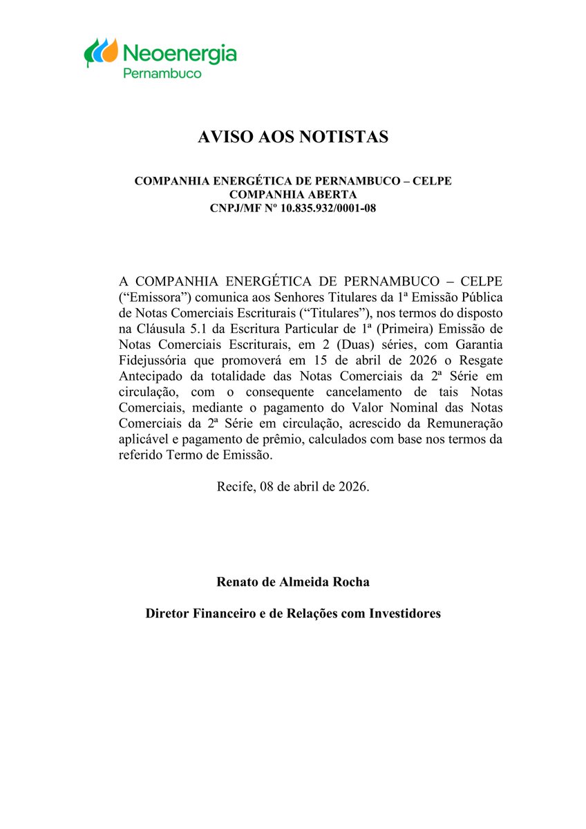 RiscoRetorno's tweet photo. A #CEPE3 #CEPE5 #CEPE6 (CELPE) comunicou que realizará em 15/04/2026 o resgate antecipado da totalidade das Notas Comerciais da 2ª série, com pagamento do valor nominal, remuneração e prêmio correspondentes. https://t.co/ai6JGDiTlo