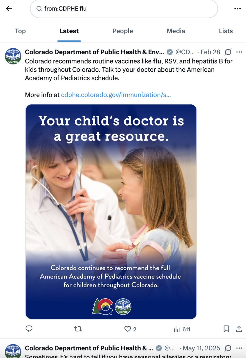 CCSDMaskUp's tweet photo. Meanwhile, CDPHE is silent about the this concern. They've tweeted the word "flu" ONCE since May last year. (same on FB)
They issued no warning about the early flu season as a new subvariant of Flu A spread rapidly in December, and No warning about the high toll on kids. https://t.co/1lFKxrN4CR