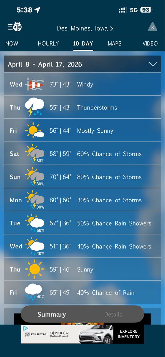 Grainstate's tweet photo. 4-8-26 PM Crop progress report from Des Moines to SE Iowa. 
0% planted

A few tractors scratching around doing tillage but no planters running.  

Won’t be much planting next week looking at the forecast 

Side note:  high of 58 and low of 59 Saturday for Des Moines?

#plant26
#corn
#soybeans