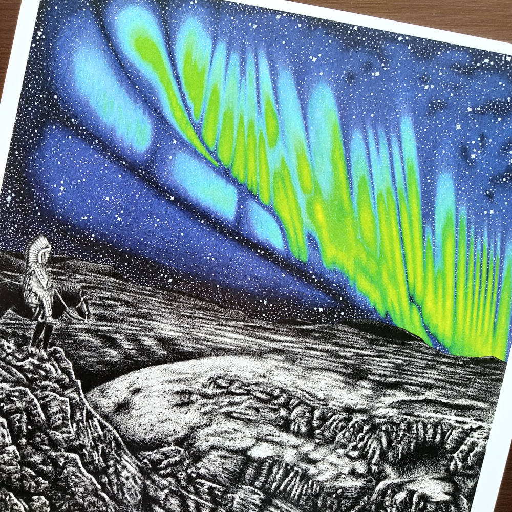 electricbstem's tweet image. Ecstasy of Aurora . 2017 . my #landscape #drawing of a valley in the badlands of the prairies with a #colourful aurora borealis in the night sky above . as someone who lives in the #prairies, I always appreciate when the sky dances . prints available in my Etsy Shop (link in bio)