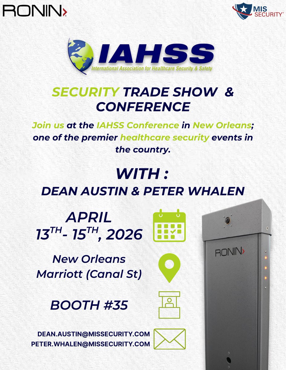 MISSecurity_usa's tweet photo. As the premier event for the healthcare security industry, IAHSS is the perfect place to connect and explore the latest in safety technology. 

Our team is ready to showcase the revolutionary RONIN system. Stop by Booth #35 at the New Orleans Marriott on Canal Street to see it in action!

Mark your calendars for April 13–15. We look forward to connecting with our partners and meeting new faces in New Orleans.

#IAHSS #MISSecurity #Security #SecurityTechnology #PhysicalSecurity