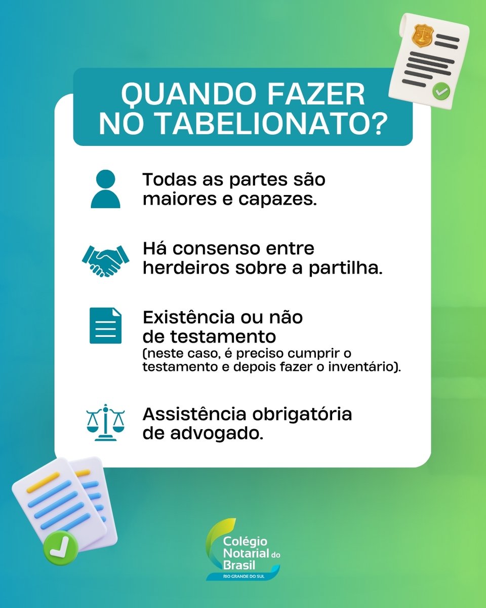 cnb_rs's tweet photo. O inventário extrajudicial é a alternativa rápida, consensual e segura para partilha de bens, feita diretamente no Tabelionato de Notas, com assistência de advogado e validade imediata. https://t.co/HDaCT9a5K1