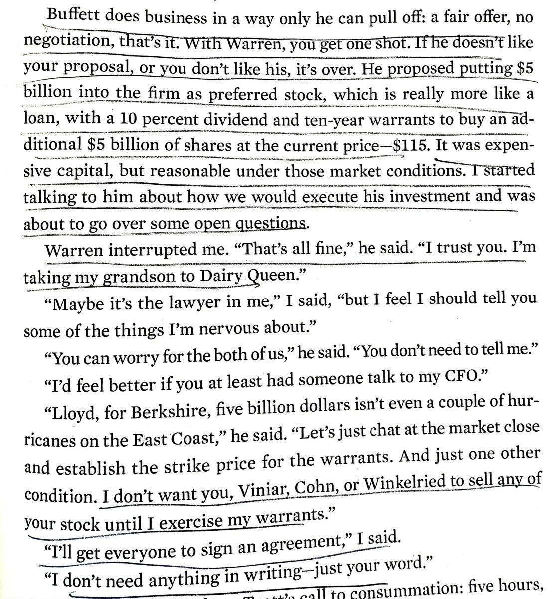 ‘Buffett does business in a way only he can pull off: a fair offer, no negotiation, that's it. With Warren, you get one shot. If he doesn't like your proposal, or you don't like his, it's over.’

- Lloyd Blankfein