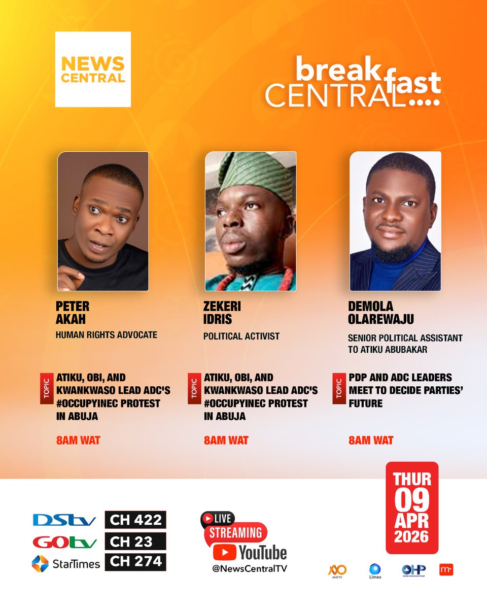 From the #OccupyINEC Protest to PDP and ADC Leaders’ Decisions

Join Breakfast Central as Atiku Abubakar, Peter Obi, and Rabiu Kwankwaso discuss #OccupyINEC and PDP, ADC.

Showing Today at 7 AM WAT on DStv 422, GOtv 23, StarTimes 274, YouTube: youtube.com/live/peQ8R-8HT…
