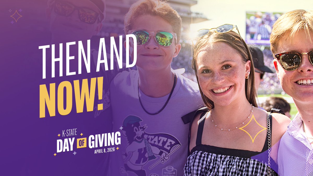 KState's tweet image. Challenge 3 💜✨

Then vs. now. Share a throwback photo of you cheering on K-State alongside a recent one on Facebook, X or Instagram.

Tag @kansasstateuniversity + the unit you’re supporting to help them win $750 in bonus funds.

#KStateDayOfGiving #KState